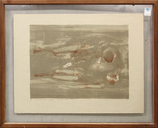 Lithograph, Possibly by June Claire Wayne: Possibly by June Claire Wayne (Californian, 1918-2011), "This Extasie doth Unperplex - John Donne Series," 1957, color lithograph, signed, dated and inscribed lower right, edition 4/25, overall (with 