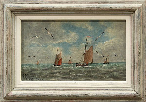 Painting, Dutch School (19th century), Schepen of: Dutch School (19th century), "Schepen of Zee," 1898, oil on canvas, signed and dated "R. Kauschmann 1898" lower right, gallery title label (Kunsthandel Roelofs, Amsterdam) affixed verso, overall (with