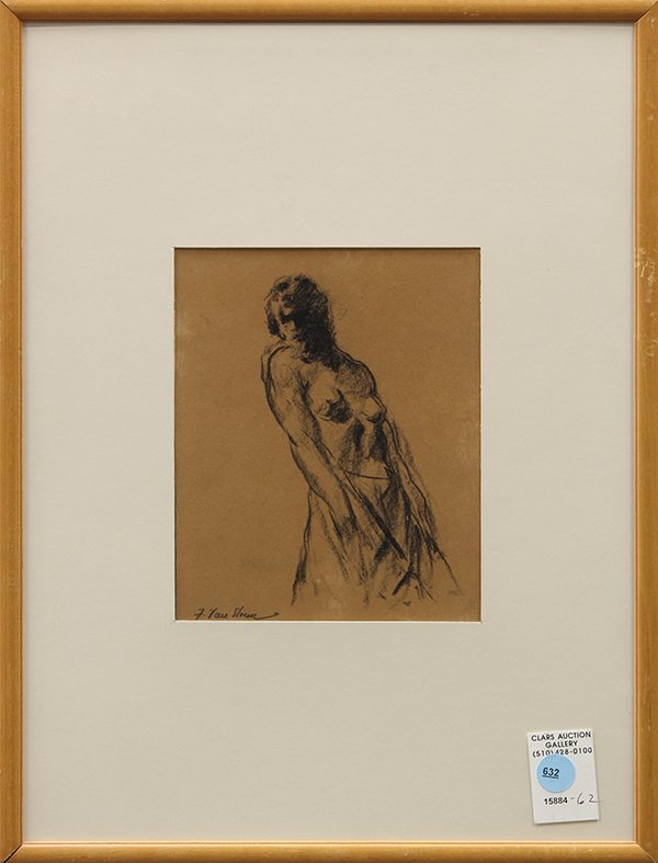 Drawing, Frank Joseph Van Sloun, Nude Female: Frank Joseph Van Sloun (American, 1879-1938), "Nude Female," charcoal drawing, signed lower left, titled verso, overall (with frame): 16.75" x 13"w