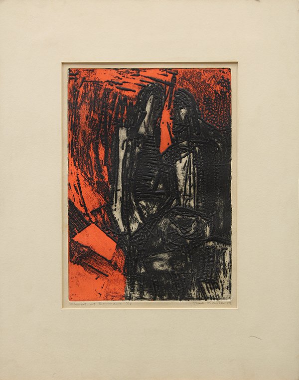 Print by Karl Kasten: Karl Albert Kasten (American, b. 1916), "Christ at Emmaus," 1959, color lithograph, signed, dated, and titled, overall (matted/unframed): 16.5"h x 13"w