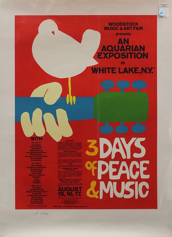 Woodstock Music and Art Fair Poster signed by Arnold: Woodstock Music and Art Fair poster, Dove and Guitar, pencil signed lower left by Arnold Skolnick (American, b. 1937), sheet overall (unframed): 30"h x 22"w