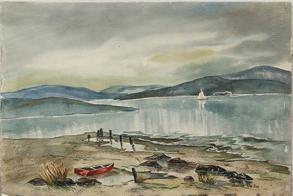 Two works on paper: (lot of 2) Sailboat in the Bay, watercolor, signed "Julius Delbos" lower right, 20th century, and House on the Hill, 1967, ink drawing on green paper, signed and dated "F. D'Annunzio 1967" lower left,