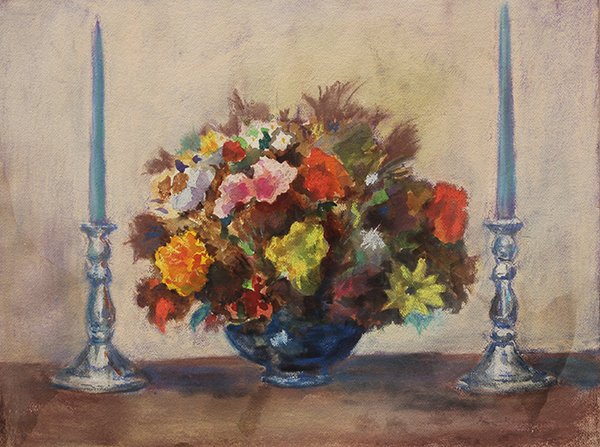 Still Lifes with Flowers, watercolors and print: (lot of 3) Still Lifes with Flowers, watercolors (2), one signed "La Vanche Frey" lower right, and after Georges Braque (French, 1882-1963), Still Life with Flowers and Lemons, silkscreen, largest ove