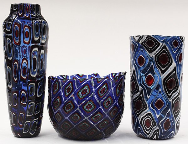 Art glass vases by Michael Nourot: (lot of 3) Art glass vases by Michael Nourot (American b.1949), circa 1980, each vase of cylindrical form, having repeating geometric patterns executed in the Venetian murrini technique in multiple co