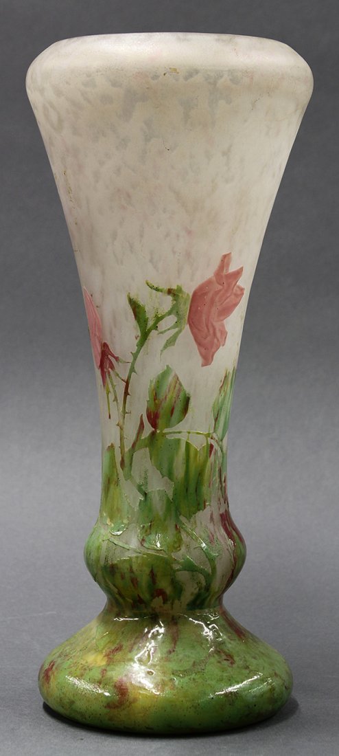 Daum Nancy wheel carved glass vase: Daum Nancy wheel carved glass vase, executed in the Art Nouveau taste, the tapered body decorated with cut pink flowers and green leaves on a frosted and mottled white ground, signed Daum Nancy with t