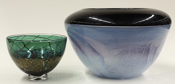 Michael Nourot art glass: (lot of 2) Michael Nourot art glass, circa 1989, consisting of a large bi-color jardinière with black rim and shoulder leading to a misty blue and purple body tapering to a circular base, signed Mich