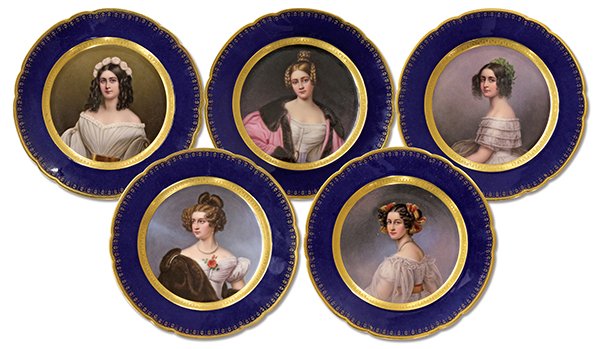 Franz Xaver Thallmaier, Munich cabinet plates: (lot of 12) Franz Xaver Thallmaier Studio, Munich, cabinet plates, after Joseph Karl Stieler (1781-1858), each hand painted portrait plate depicting a lady in formal attire surrounded by the gilt and 