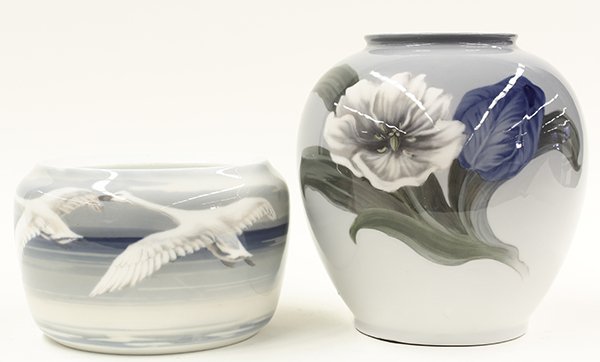 (lot of 2) Royal Danish porcelain group: (lot of 2) Royal Danish porcelain group, consisting of a shouldered vase centered with a hand painted floral spray and rising on a circular base, marked Royal Copenhagen and numbered 2656 / 35A, 9"h x