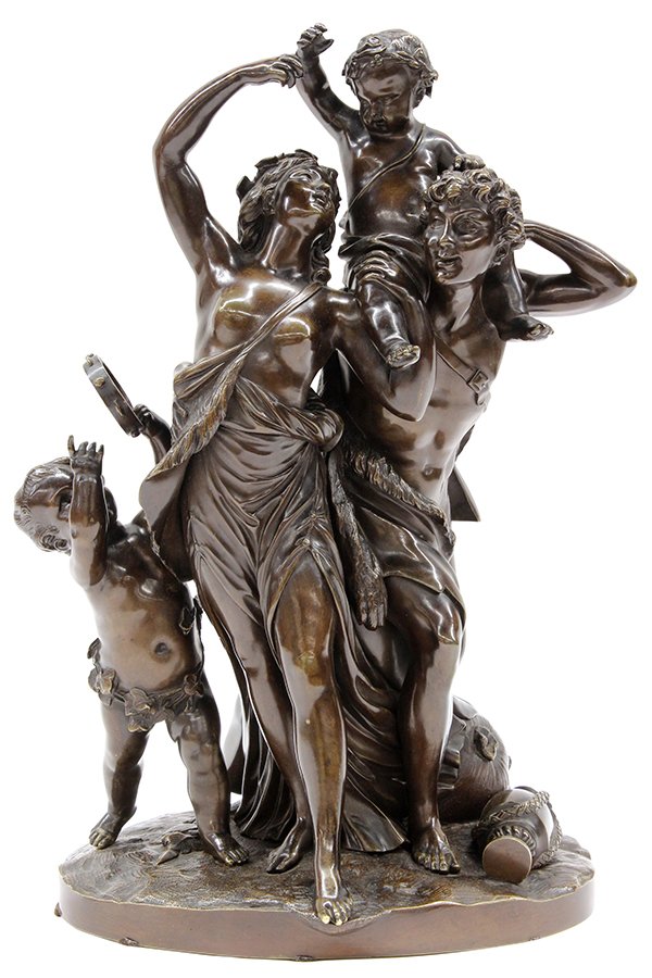 Patinated figural bronze sculpture after Claude Clodion: Patinated figural bronze sculpture, after the model by Claude Michel Clodion (French 1738-1814), the well cast Baroque style sculpture depicting a scene of merriment, the man and his bride with a chil