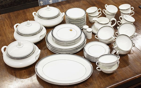 Royal Doulton "Sarabande" pattern bone china table: (lot of 63) Royal Doulton fine bone china table service for eight in the "Sarabande" pattern, having a platinum and black geometric decorated border, consisting of (8) dinner plates, 10.5"dia, (8) sal
