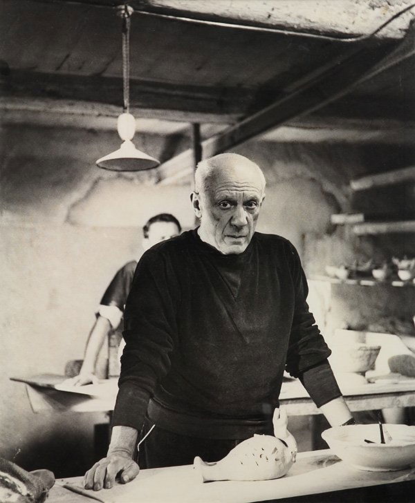Photograph, André Villers, Picasso: André Villers (French, b. 1930), Picasso at Studio with Ceramics, gelatin silver print, artist stamp verso, later reprint, sight: 23.25"h x 19.25"w, overall (with frame): 31"h x 27"w. Provenance: The