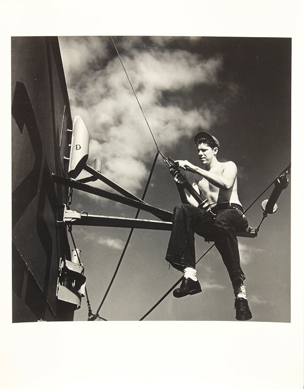 Photograph by Horace Bristol: Horace Bristol (American, 1909-1997), "Repairing Antenna of Submarine," 1944, gelatin silver print, signed verso, title label affixed verso, print (unframed): 14"h x 11"w