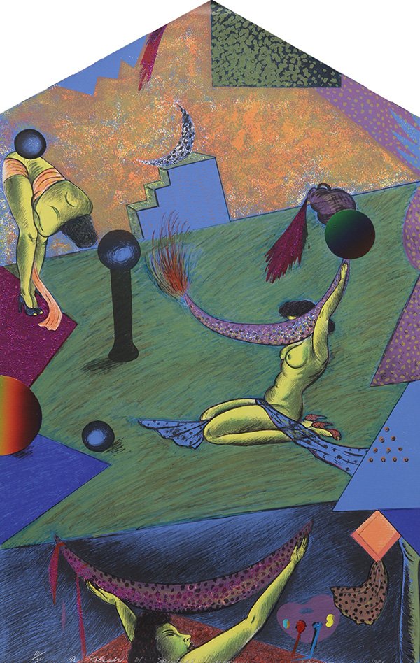 Print, Phyllis Bramson: Phyllis Bramson (American, b.1941), "A Flash of Spiritual Meaning", 1981, color lithograph, titled lower center, pencil signed and dated lower right, editon 10/30, sheet (unframed): 41.5"h x 26" w. Pr