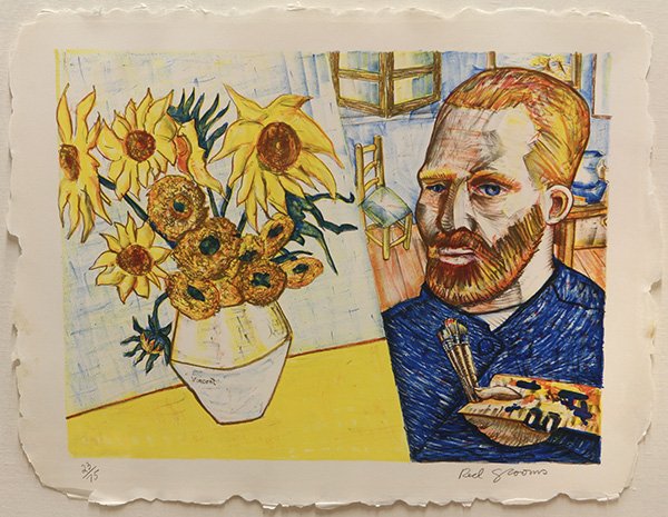 Print, Red Grooms, Van Gogn with Sunflowers: Red Grooms (American, b. 1937), Van Gogh with Sunflowers, lithograph in colors, pencil signed lower right, edition 23/75, image: 15.5"h x 20"w, sheet: 19"h x 25"w, overall (with plexi): 26"h x 32.5"w 