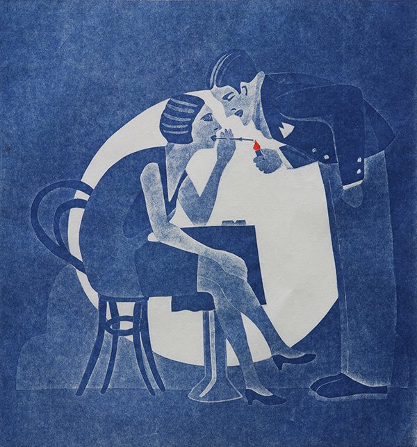 Print, Red Grooms, Couple Lighting Cigarette: Red Grooms (American, 1937), Couple Lighting Cigarette, 1992, lithograph on handmade paper, pencil signed in red lower right and dated, edition 30/75, image: 17"h x 16"w, sheet (unframed): 26.25"h x 1