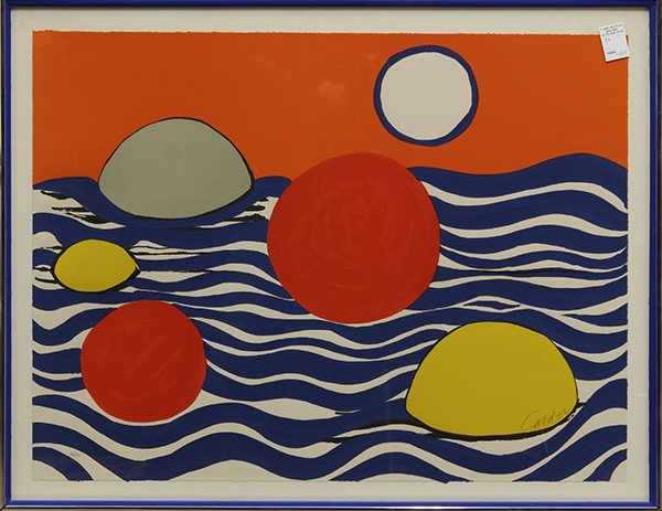 Print, Alexander Calder, Circles and Waves: Alexander Calder (American, 1898-1976), Circles and Waves, color lithograph, pencil signed lower right, edition 42/100, sheet: 23"h x 30.25"w, overall (with frame): 26.75"h x 34"w
