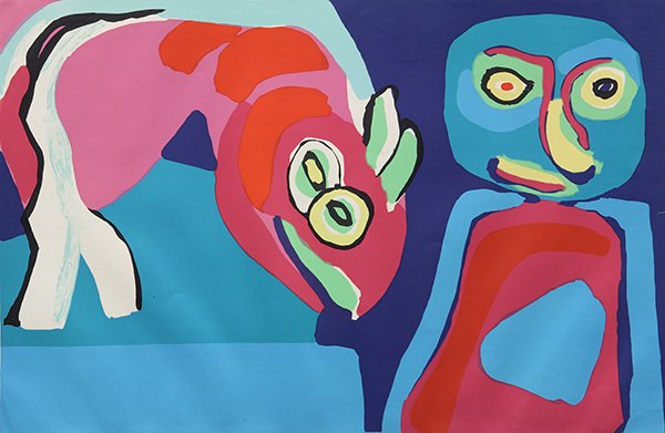Print, Karel Appel, Figure and Animal: Karel Appel (Dutch, 1921-2006), Figure and Animal, 1971, silkscreeen, pencil signed and dated lower right, edition 58/100, image: 26"h x 40"w, sheet (unframed): 28"h x 41"w. Provenance: The David C. a
