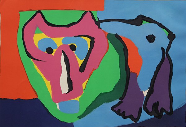 Print, Karel Appel, Dog: Karel Appel (Dutch, 1921-2006), Dog, 1970, silkscreeen, pencil signed and dated lower right, edition 73/100, image: 23"h x 33.5"w, overall (with mat): 30"h x 40"w. Provenance: The David C. and Sarajea