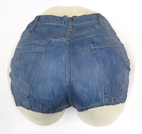 Denim Behind, painted plaster wall relief sculpture: American School (20th century), Denim Behind, painted plaster wall relief sculpture, signed indistinctly "Mau Syor (?)" verso, overall: 13"h x 13"w x 4.25"d. Provenance: The David C. and Sarajean Rutt