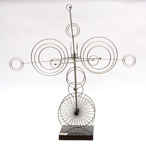 Sculpture by Joseph A. Burlini: Joseph A. Burlini (American, 20th century), Flying Machine, 1970, welded metal kinetic sculpture, signed and dated lower based, overall (with base): 31.25"h x 29"w x 8"d. Provenance: The David C. and 