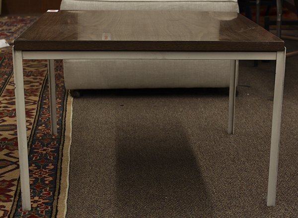 Florence Knoll "VKG" occassional table: Florence Knoll "VKG" occassional table, in original condition, having a wood laminate top above the white enameled angle iron base, 16"h x 24"dia.