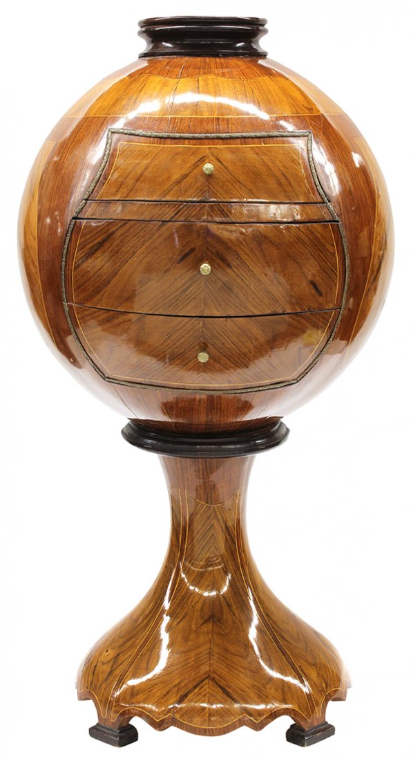 Biedermeier style chest of drawers: Biedermeier style chest of drawers, executed in mahogany and contrasting veneer, of spherical form, having band inlay centering three drawes and rising on a tulip standard terminating on square feet, 