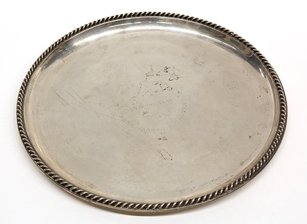 Swedish sterling silver presentation tray: Swedish sterling silver presentation tray, having a gadrooned border and bearing inscription "Rolf Pramer, Fran Vanner I Caltex, 30 April, 1949", 15" dia., 32.3 troy oz.