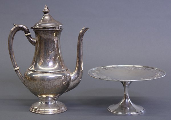 American sterling silver table articles: (lot of 2) American sterling silver table articles consisting of a hot beverage pot by Mueck & Carey Silver Co.; together with a Neo-Classical style pedestal tray by Wallace, 20.23 troy oz.