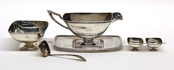 Towle sterling silver Art Deco style hollowware suite,: (lot of 4) Towle sterling silver Art Deco style hollowware suite consisting of a sauce boat with undertray and ladle, a pedestal bowl, and two salt cellars with spoons, each monogrammed, largest: 3.75