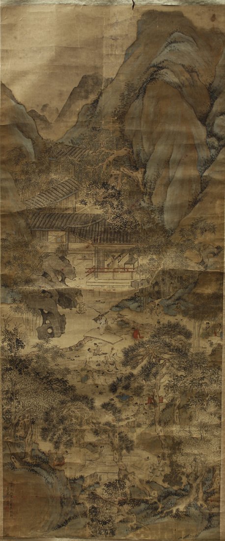 Chinese Scroll, Scholars in Landscape, Qing: Sichun (Chinese, Qing dynasty), Scholars in a Pavilion Complex, ink and color on silk, the lower left with cyclical date wushen, bearing signature 'Jiuqiu' and 'Sichun', sealed 'Sichun zhi yin', paint