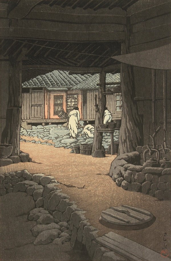 Japanese Woodblock Print Kawase Hasui: Kawase Hasui (1883-1957), 'Chosen Chiizan Senonji' from the 'Korean Scenes' series, lower right with the signature and seal, left margin with the title, Showa 15 (= 1940), print: 15.25" x 10.5"w