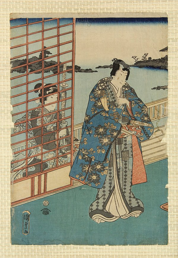Japanese Woodblock Prints: Kunisada / Kuniyoshi, 19c: (lot of 2) Japanese woodblock prints: Utagawa Kunisada/Toyokuni III (1786-1865), depicting probably 'Inaka Genji' with a female attendant, lower left with the date seal, signature, publisher: Tsutaya 