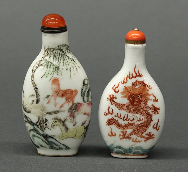 Two Chinese Porcelain Snuff Bottles: (lot of 2) Chinese enameled porcelain snuff bottles, one decorated with three dragons above rolling waves, the base with a Qianlong mark; the other with a flattened body painted with eight steeds, the