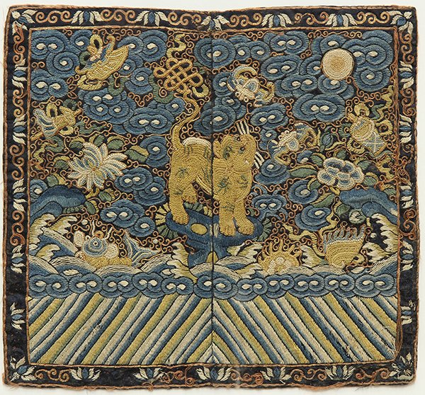 Chinese Mandarin Square, Military Rank: Chinese military rank badge, embroidered with a rank six biao standing above lishui and amid clouds scattered with bats and treasures, 11.5"h x 12.125"w, overall (frame): 17.5"h x 21.5"w