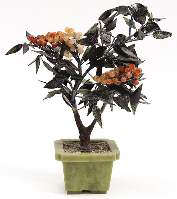 Chinese Jade/Hardstone Tree: Chinese hardstone tree, with carnelian fruits accented by dark green spinach jade leaves, set in a square hardstone planter, 12.125"h
