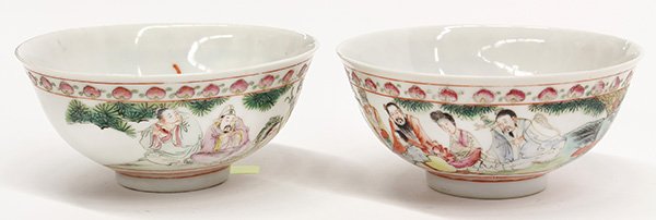 Two Chinese Porcelain Bowls, Immortals: (lot of 2) Chinese enameled porcelain bowls, decorated with the Eight Daoist Immortals below a band of peaches, the interior with a shou medallion and five red bats, base marked Li Jingle Tang, 5"w