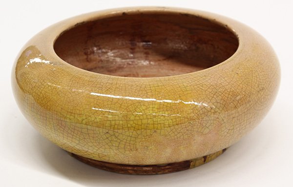 Chinese Yellow Crackle Glazed Brush Washer: Chinese mustard yellow crackle glazed brush washer, the compressed body raised on a low foot ring, 8"w