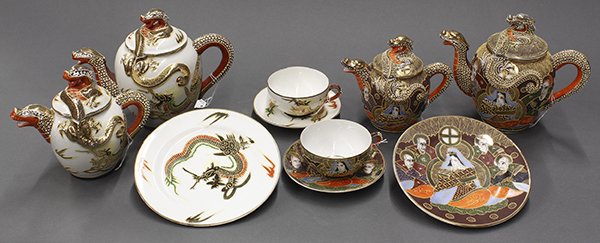 Japanese Kutani Geisha Girl, Dragonware Tea/Coffee Set: (lot of 42) Japanese porcelain Kutani coffee/tea wares with geisha image on well of cups, mid-20th century: 'Dragonware', gold/red green dragons on white ground, marked 'Kutani' or 'Nippon'; the rakan