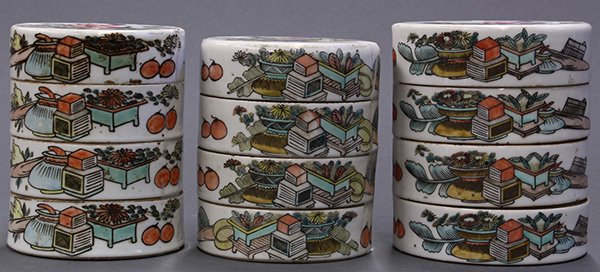 Chinese Tiered Porcelain Containers: (lot of 3) Chinese three tiered porcelain containers, each of circular section decorated with pots of flowers, books and fruits, the side with inscription, some with Guangxu mark, largest: 5"h. Proven