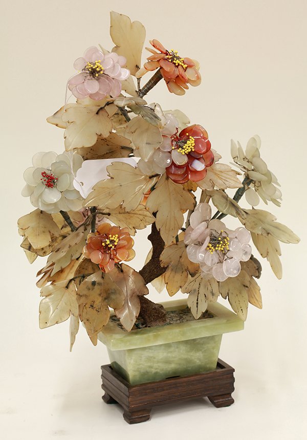 Chinese Hardstone Potted Plant: Chinese hardstone potted plant, various precious stones, including carnelian and rose quartz, on a wooden stand, 14"h