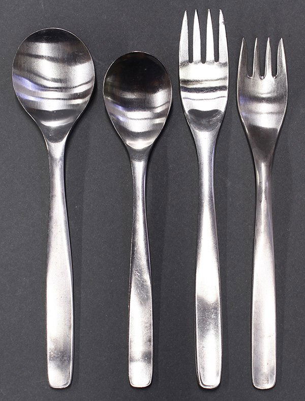 Russel Wright 'Pinch' flatware service by Hull (Japan): (lot of 61) Russel Wright 'Pinch' flatware service by Hull (Japan), consisting of (17) soup spoons, (22) tea spoons, (11) salad forks, and (11) dinner forks, each marked Japan Hull Stainless Russel Wr