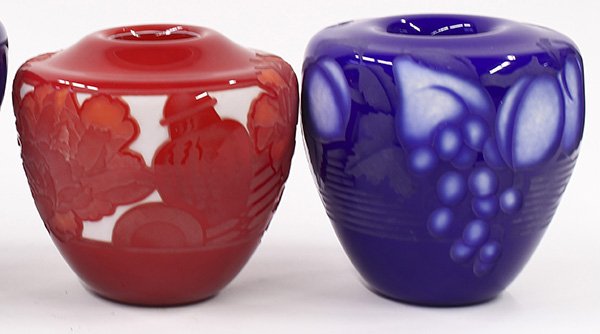 Valerie Surjan cameo art glass vases: (lot of 2) Valerie Surjan cameo art glass vases, one executed in red and milk glass with a narrow rim and wide shoulder, having intaglio cut carnations in red satin glass, signed around the pontil, Va