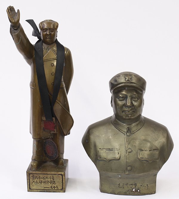 Chinese historical items: (lot of 3) Chinese historical items, consisiting of a brass bust of Mao Tse Tung wearing a cap with a star, a brass statute of Chairman Mao wearing a coat with one arm raised, and a Chinese 'Red Army'
