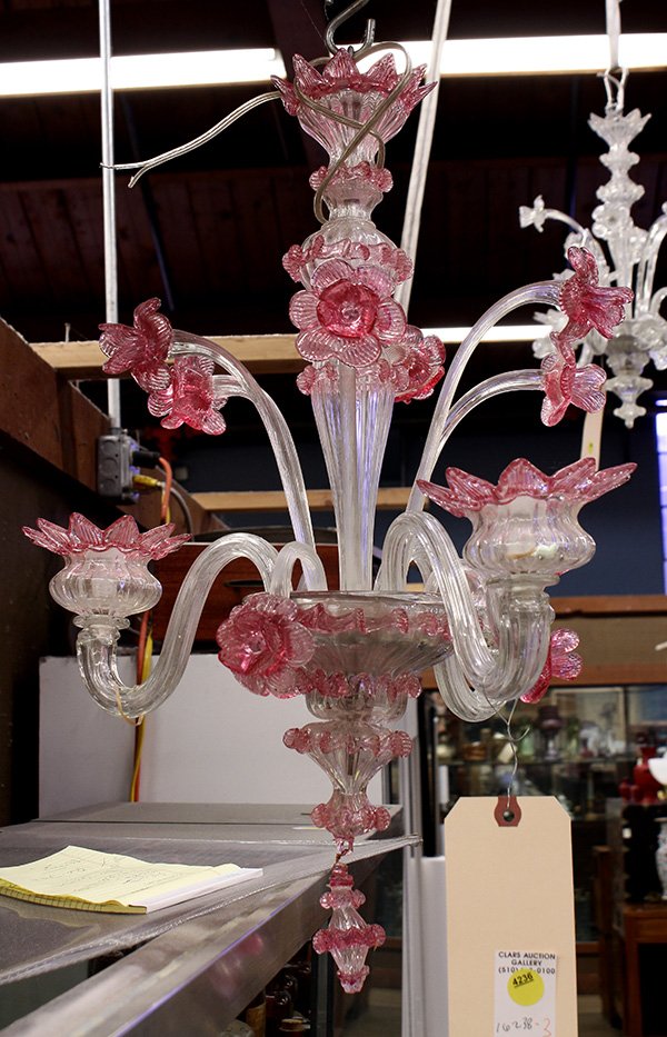 Venetian style art glass four light chandelier: Venetian style art glass four light chandelier, the pink to clear fixture having scrolling arms with floral accents, 23"l