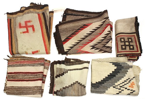 Native American Navajo weavings and blankets: (lot of 6) Native American Navajo weavings and blankets, each having polychrome geometric patterns, largest: 58"h x 37.5"w (some damaged). Provenance: The Jeff Sahadi collection