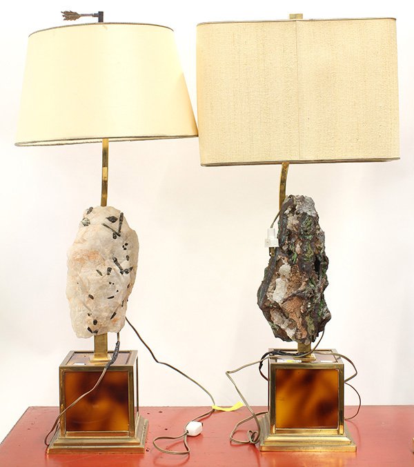 French brass table lamps mounted with quartz and geode: (lot of 2) French brass table lamps, each modern form continuing to the square base having inset tortoise shell finished panels, one mounted with black tourmaline in quartz, the other mounted with a g