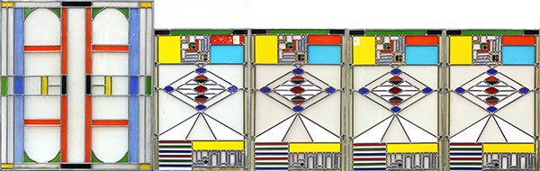 Pop Art style stained glass window inserts: (lot of 5) Set of four Pop Art style stained glass window inserts, having repeating geometric patterns in green, red, yellow, azure and white, 30"h x 20"w, together with a larger window having repeati