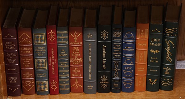Books in leather bound relating to American presidents: (lot of 13) Books in leather bound relating to American presidents and politics including John Quincy Adams and the Foundation of American Foreign Policy, Franklin Pierce, Andrew Johnson, The Theodore