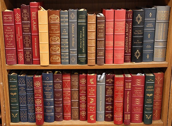 Leather bound books mostly relating to American: (lot of 72) Leather bound books mostly relating to American Presidents including signed volumes by Richard Nixon, Gerald Ford, and Jimmy Carter; John Quincy Adams, James Madison, Grover Cleveland, Woo