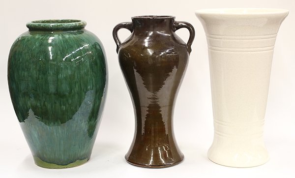 American large art pottery vases: (lot of 3) American large art pottery vases, consisting of one Bauer example by Fred J., having a tapered form and executed in a white speckled glaze; together with another floor vase of bulbous form,